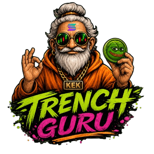 Trench Guru — Solana memecoin scanner monk in lotus position